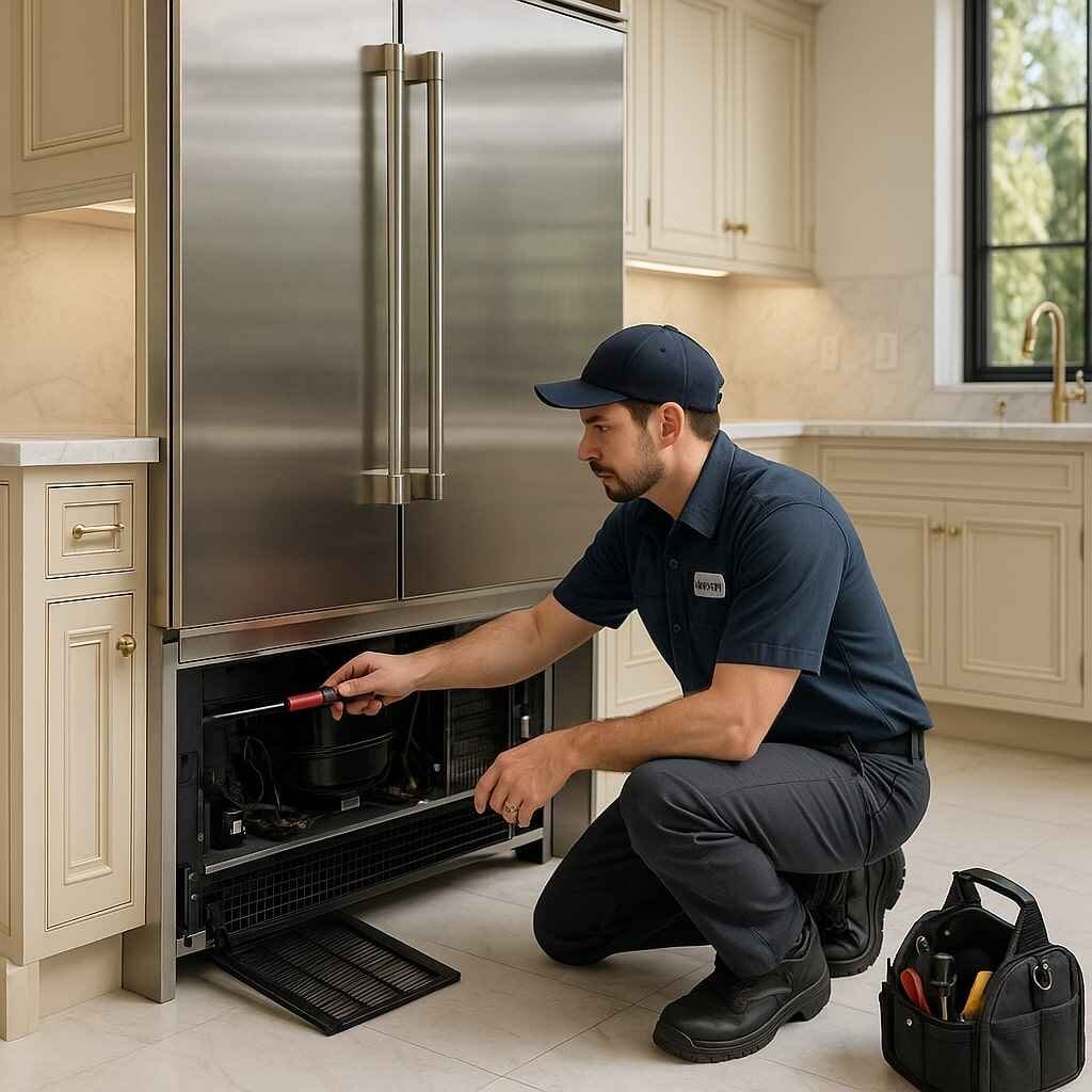 Certified technician performing expert repair on a Sub-Zero refrigerator in an upscale Beverly Hills residence