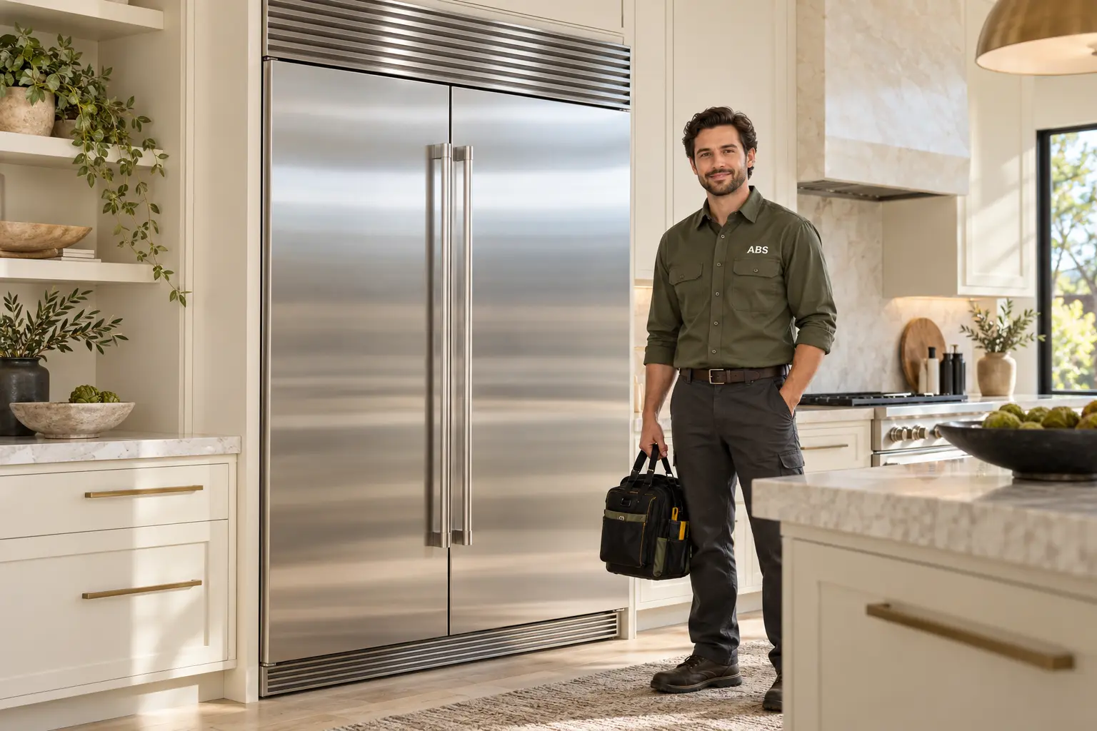 ABS Appliance Repair technician beside a built-in Sub-Zero refrigerator